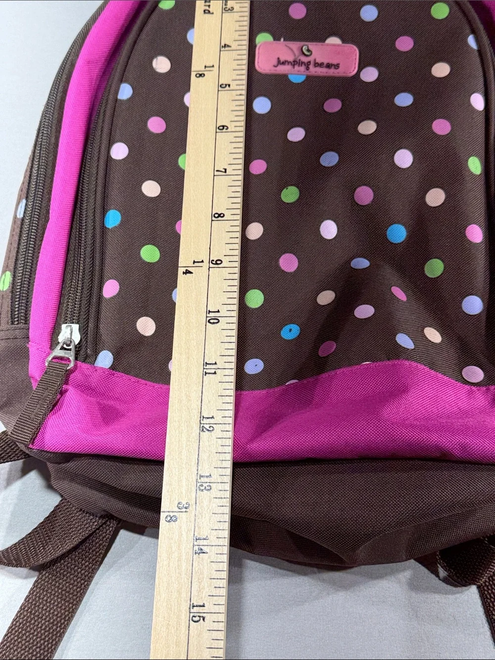 jumping beans Brown Backpack with Bright Pink Trim and Multicolor Dots